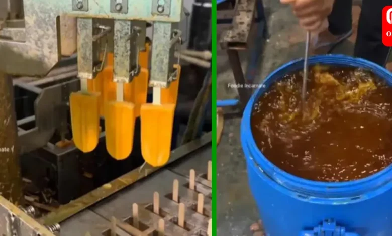 This is how orange popsicles are made in a factory