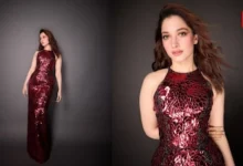 Tamannaah Bhatia, Kristina Fidelskaya Wine-Red Gown